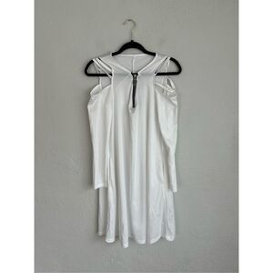 Woman White Zipper V-Neck Cutout Long-Sleeve Shift Dress, Small